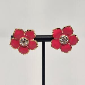 Kate Spade Pink Enamel Gold Tone Post Earrings Clear Crystal Floral Designer